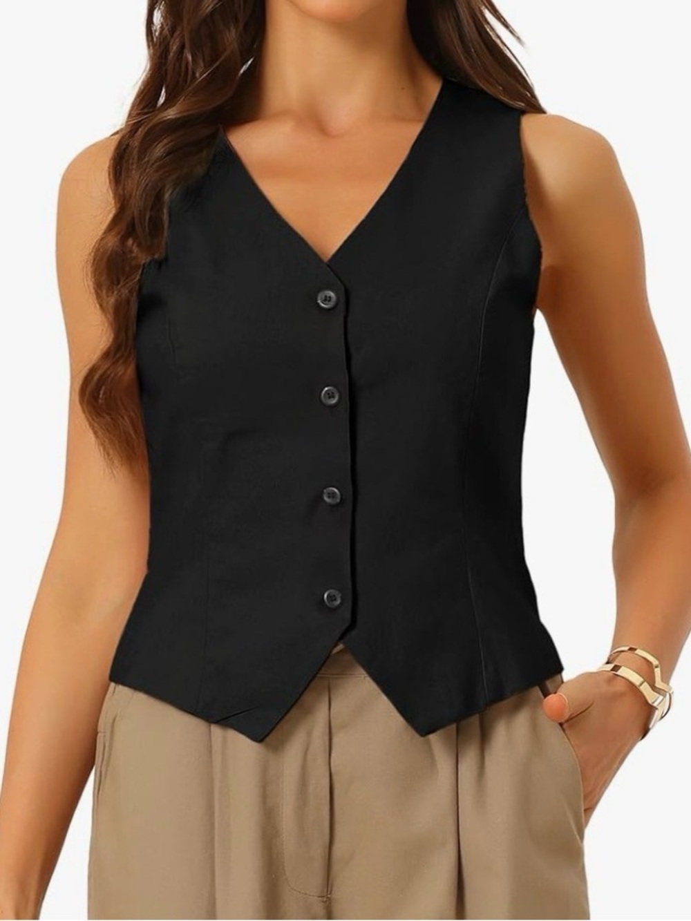 Allegra K Cotton Linen Sleeveless Button Down V Neck Waistcoat Cropped Vests